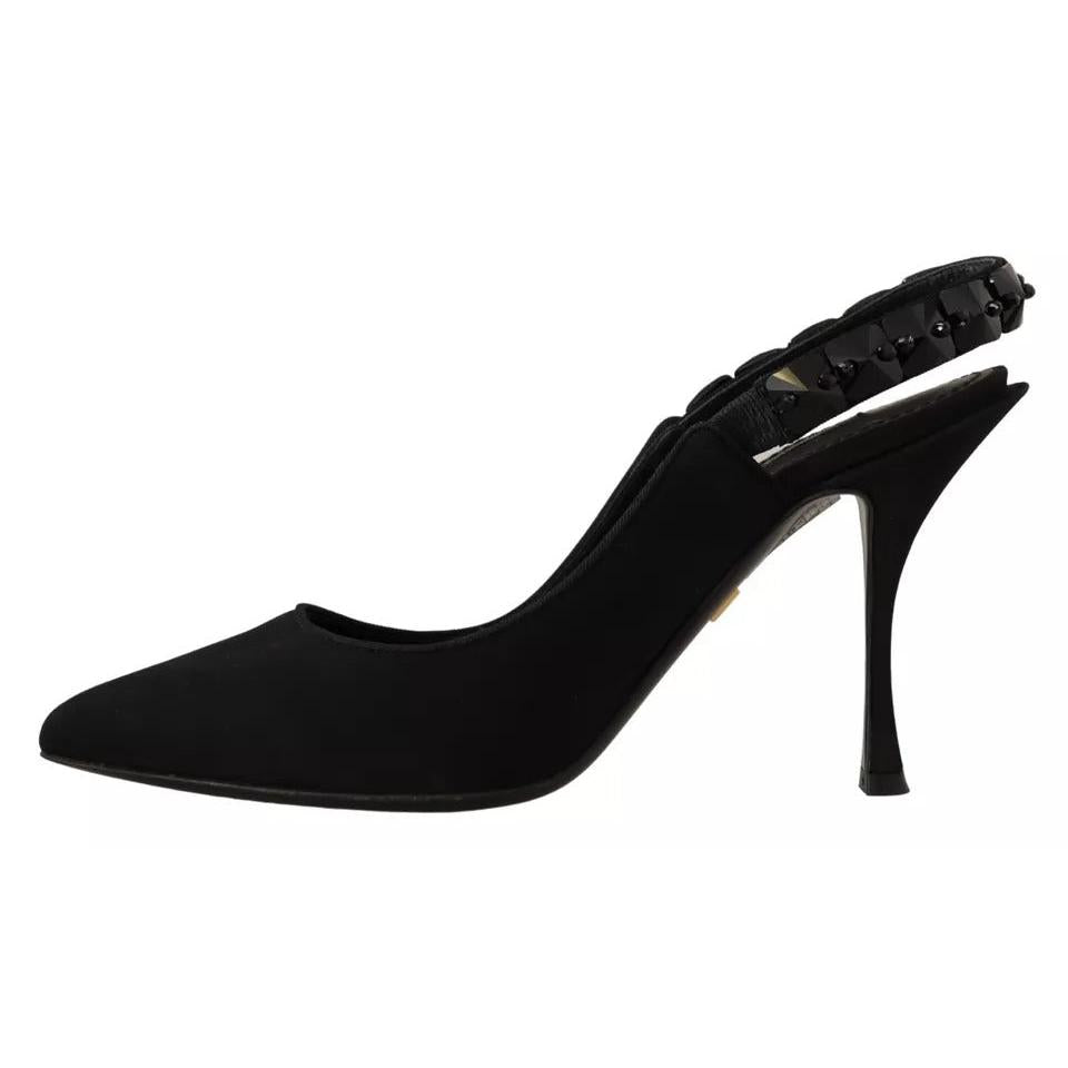 Dolce & Gabbana Black Embellished Heels Slingback Charmeuse Shoes