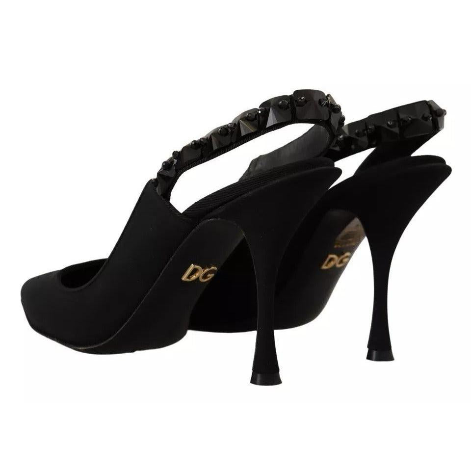 Dolce & Gabbana Black Embellished Heels Slingback Charmeuse Shoes