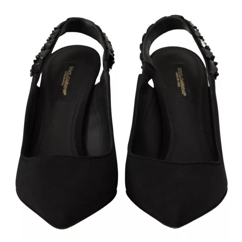Dolce & Gabbana Black Embellished Heels Slingback Charmeuse Shoes