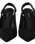 Dolce & Gabbana Black Embellished Heels Slingback Charmeuse Shoes