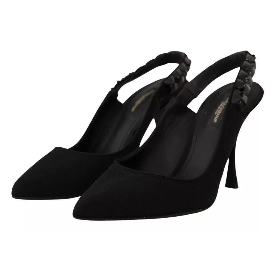 Dolce & Gabbana Black Embellished Heels Slingback Charmeuse Shoes