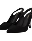 Dolce & Gabbana Black Embellished Heels Slingback Charmeuse Shoes
