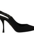 Dolce & Gabbana Black Embellished Heels Slingback Charmeuse Shoes