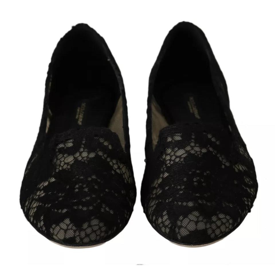 Dolce & Gabbana Black Floral Lace Loafers Flats Shoes