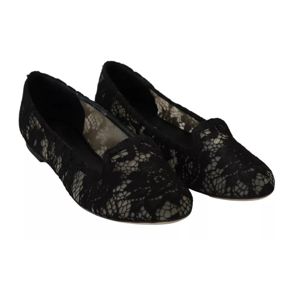 Dolce & Gabbana Black Floral Lace Loafers Flats Shoes