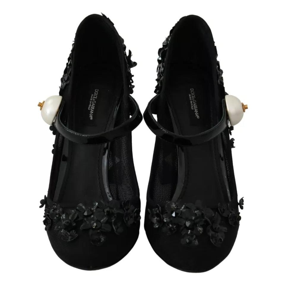 Dolce & Gabbana Black Floral Embellish Heels Mary Janes Pumps Shoes