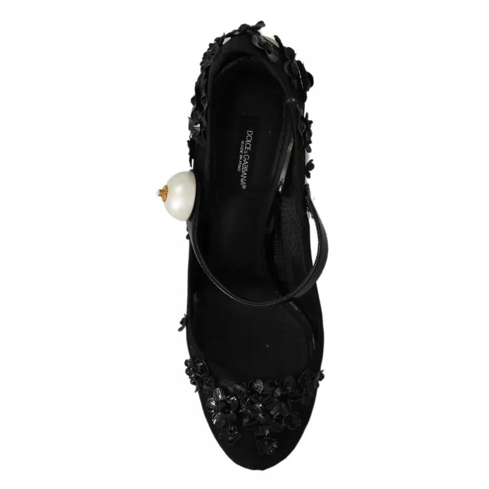 Dolce & Gabbana Black Floral Embellish Heels Mary Janes Pumps Shoes