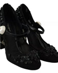 Dolce & Gabbana Black Floral Embellish Heels Mary Janes Pumps Shoes