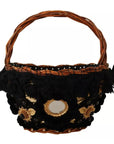 Dolce & Gabbana Black Beige Straw Basket Tote Pom Pom Crystals Bag