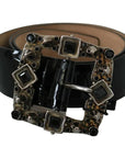 Dolce & Gabbana Black Shiny Leather Crystal Logo Buckle Belt
