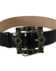 Dolce & Gabbana Black Shiny Leather Crystal Logo Buckle Belt