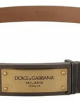 Dolce & Gabbana Brown Leather Gold Engraved Metal Buckle Belt