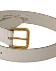 Dolce & Gabbana White Leather Gold Logo Engraved Metal Buckle Belt