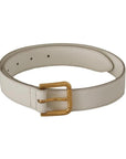 Dolce & Gabbana White Leather Gold Logo Engraved Metal Buckle Belt