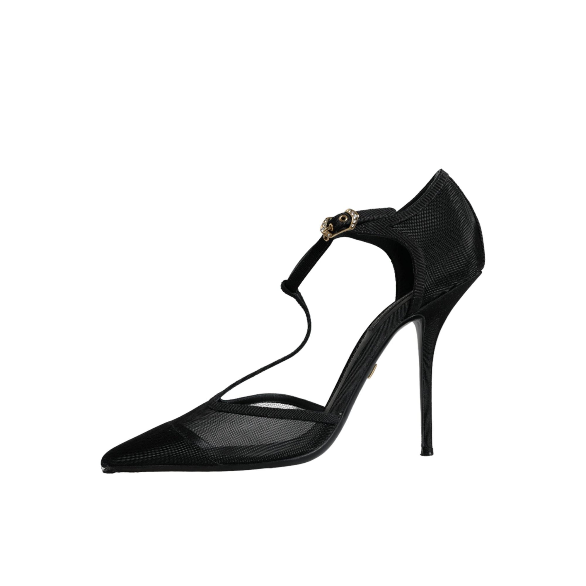 Dolce & Gabbana Black Mesh T-strap Stiletto High Heels Shoes