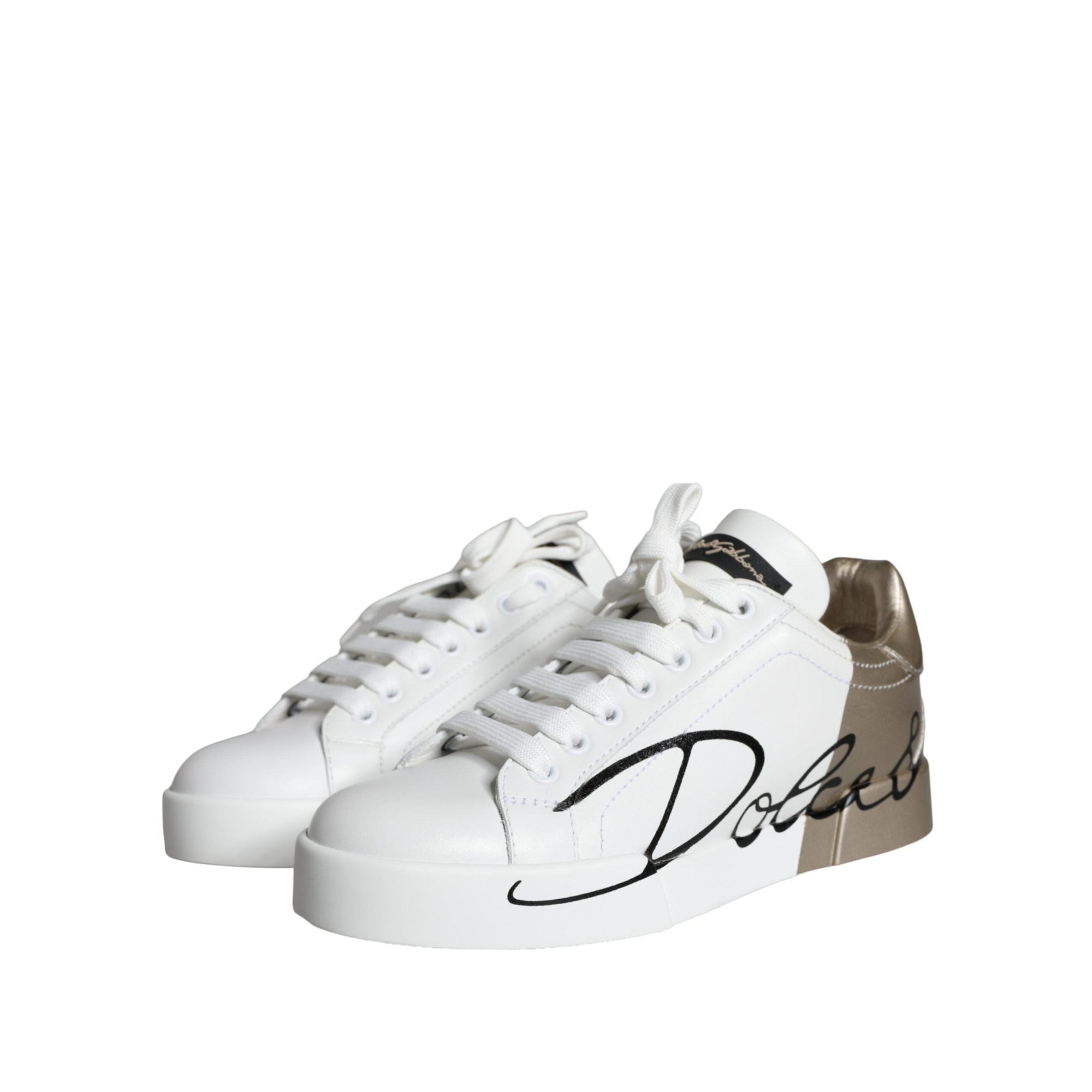 Dolce & Gabbana White Gold Portofino Low Top Leather Sneakers Shoes