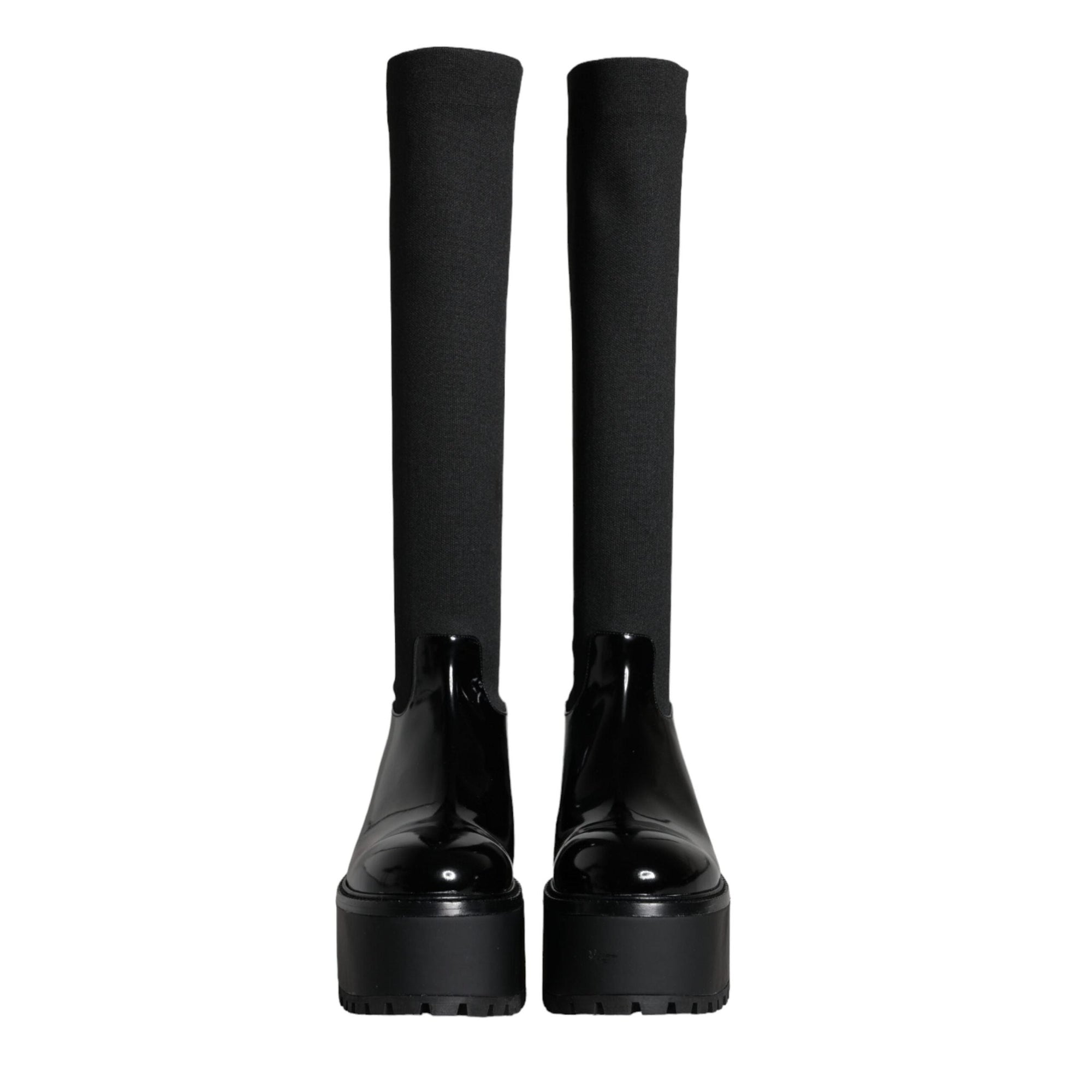 Dolce & Gabbana Black Leather Jersey Knee High Boots Shoes