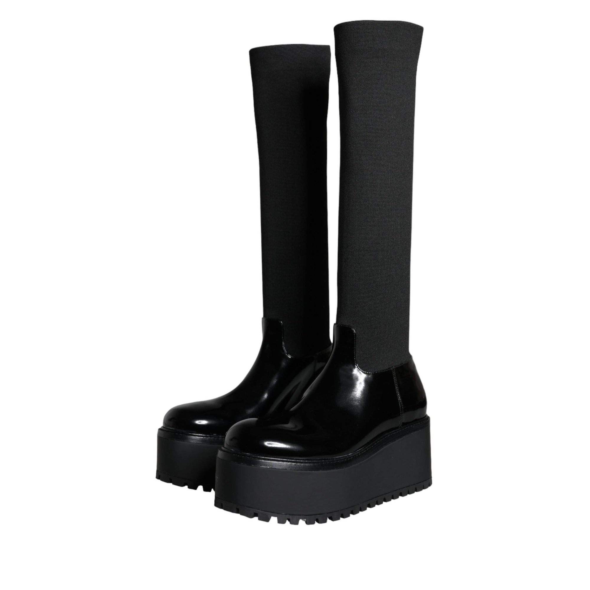Dolce & Gabbana Black Leather Jersey Knee High Boots Shoes