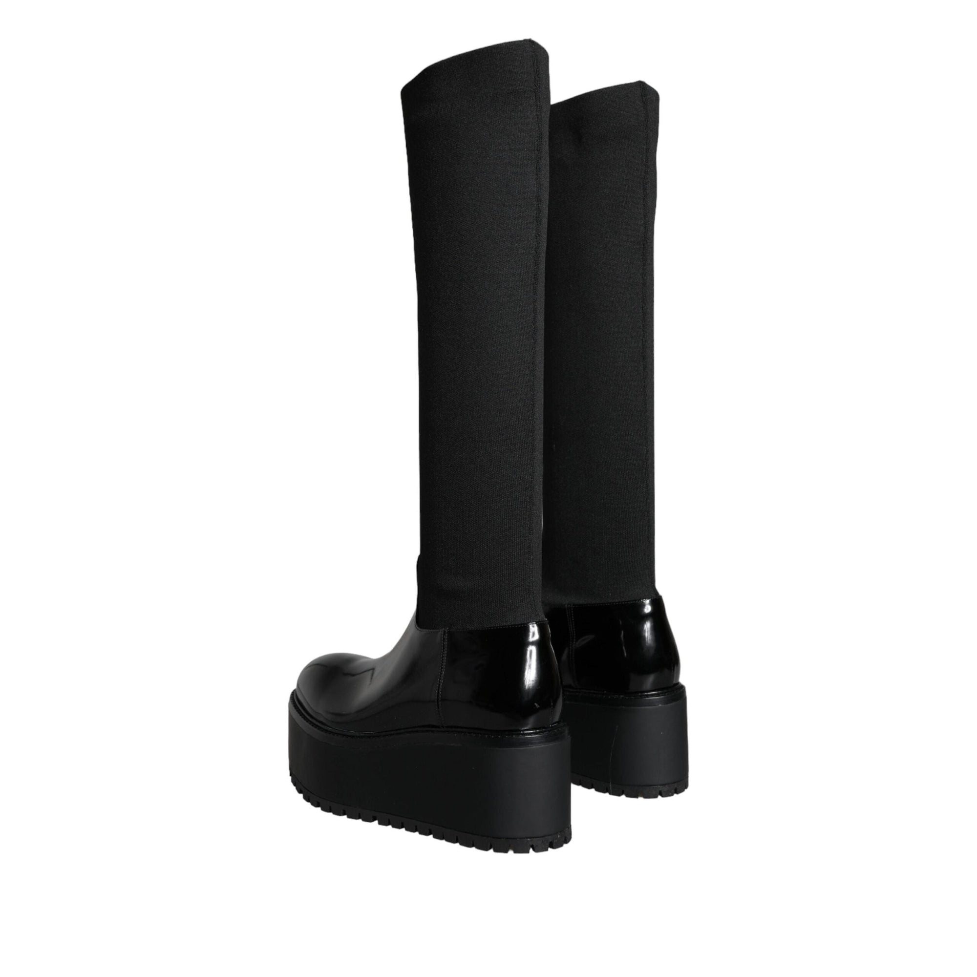 Dolce & Gabbana Black Leather Jersey Knee High Boots Shoes