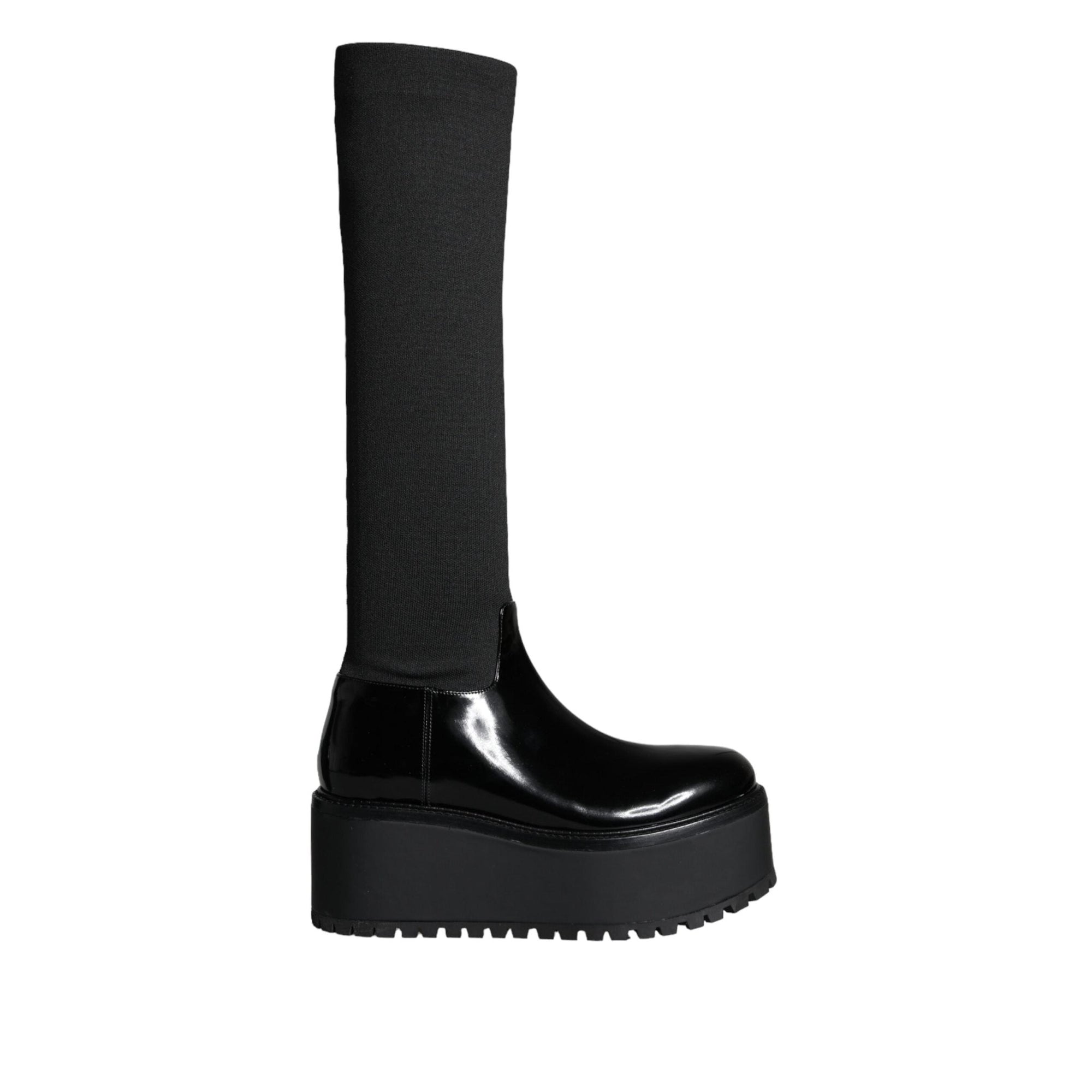 Dolce & Gabbana Black Leather Jersey Knee High Boots Shoes