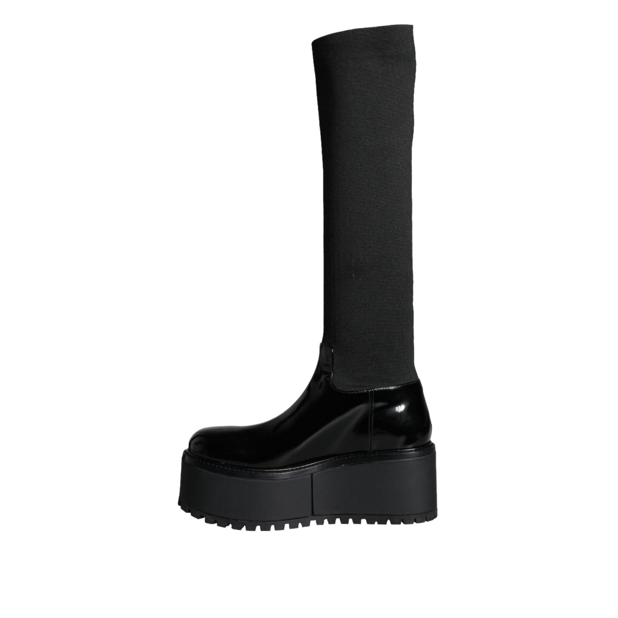 Dolce & Gabbana Black Leather Jersey Knee High Boots Shoes