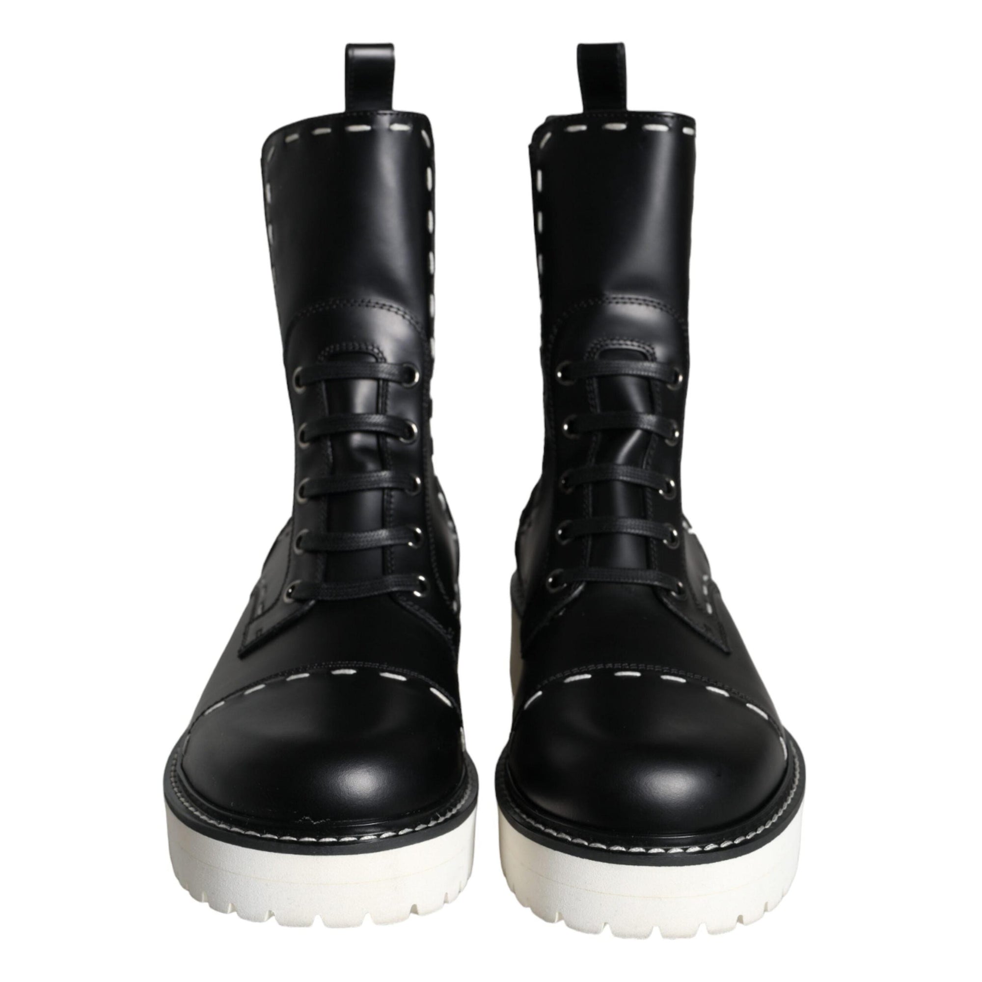 Dolce & Gabbana Black Leather Combat Mid Calf Boots Shoes