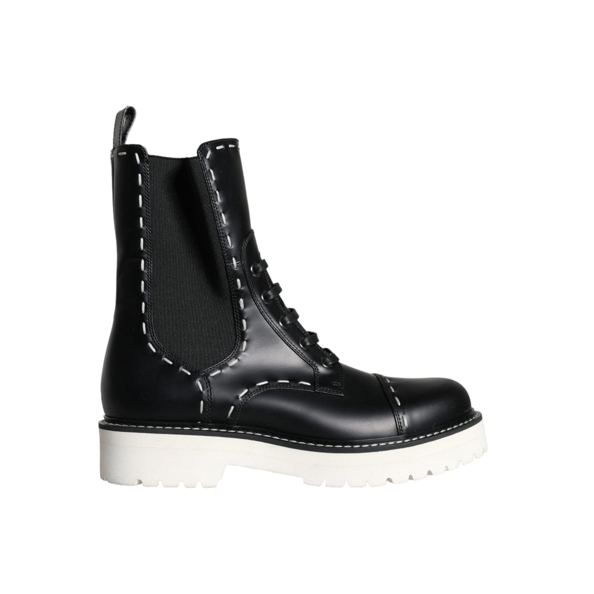 Dolce & Gabbana Black Leather Combat Mid Calf Boots Shoes