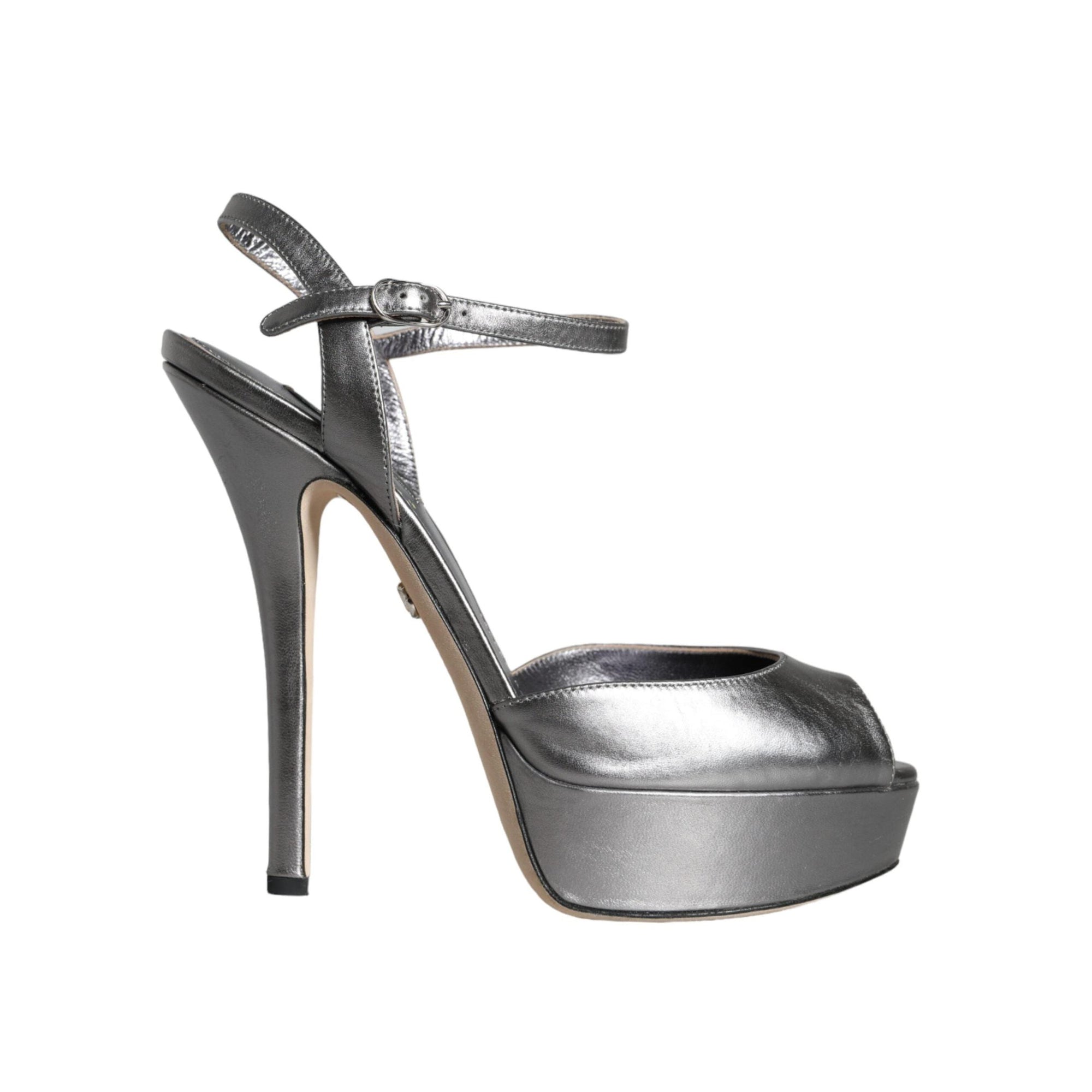 Dolce & Gabbana Metallic Silver Leather Keira Platform Sandals Shoes