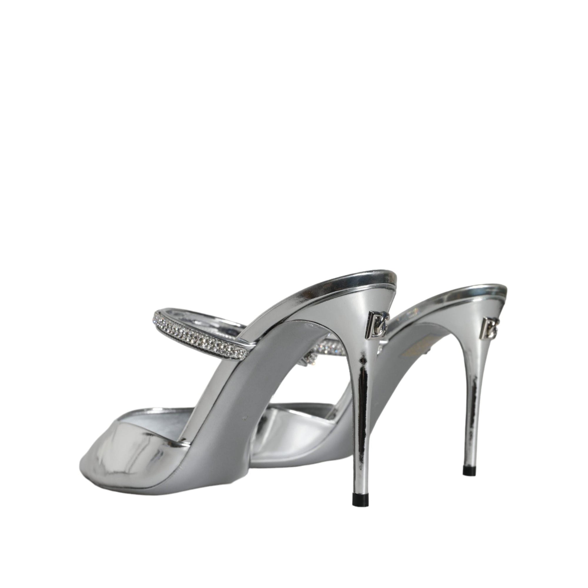 Dolce & Gabbana Silver Crystal Leather Slip On Sandals Shoes