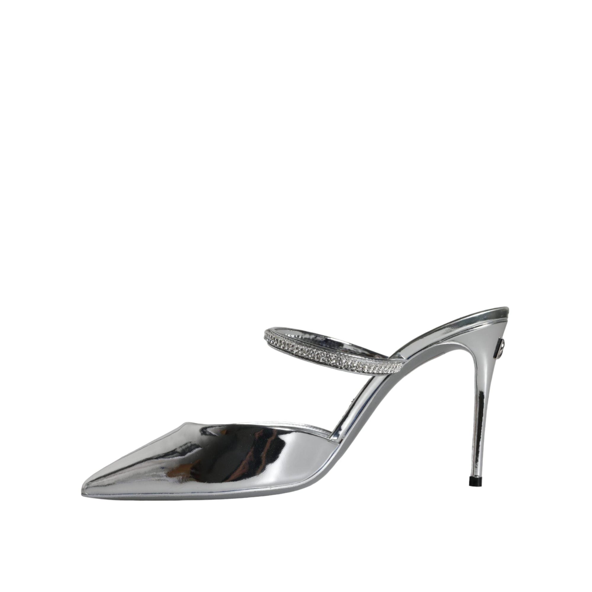 Dolce & Gabbana Silver Crystal Leather Slip On Sandals Shoes
