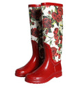 Dolce & Gabbana Red Floral Rubber Knee High Flat Boots Shoes