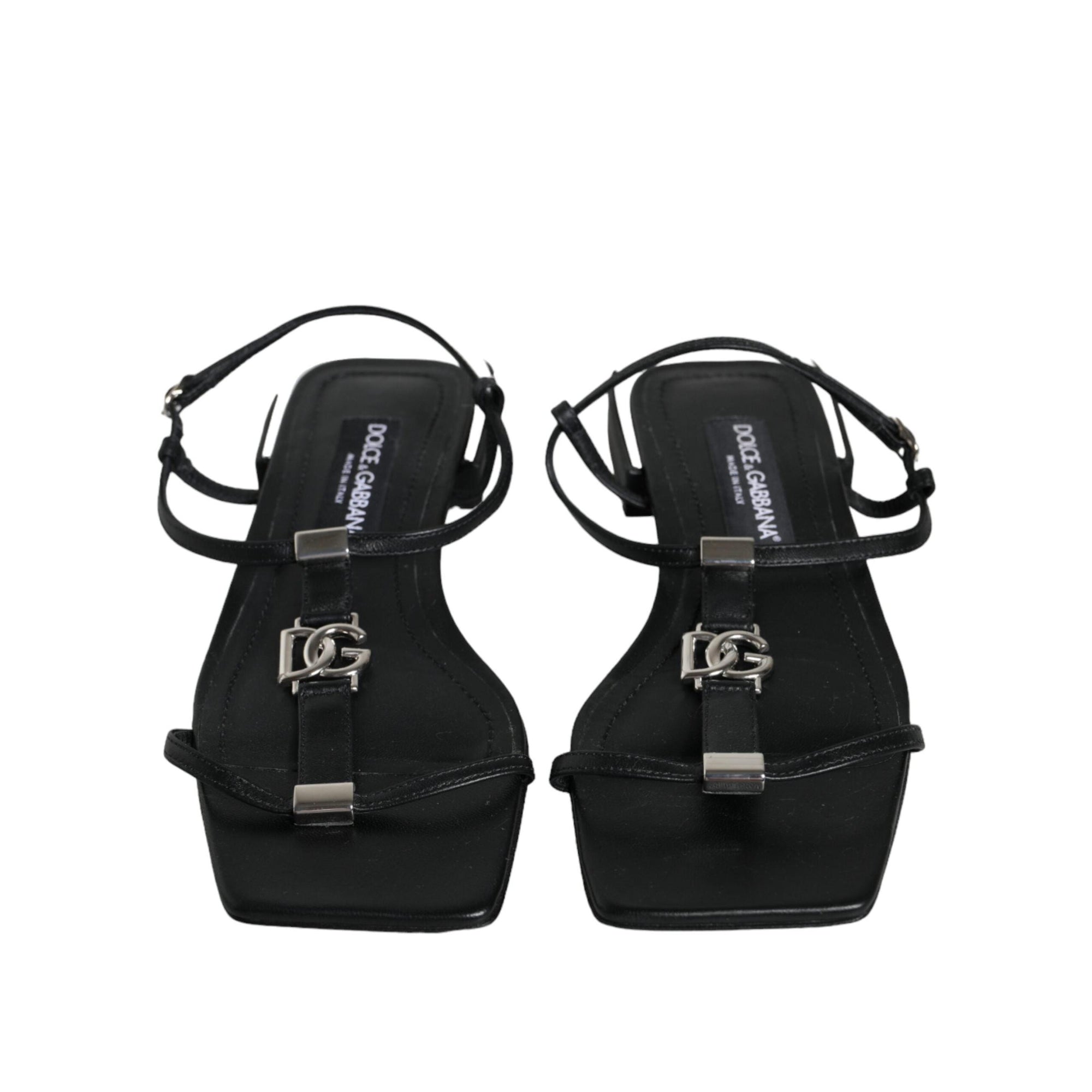 Dolce & Gabbana Black Leather Logo Ankle Strap Keira Sandals Shoes