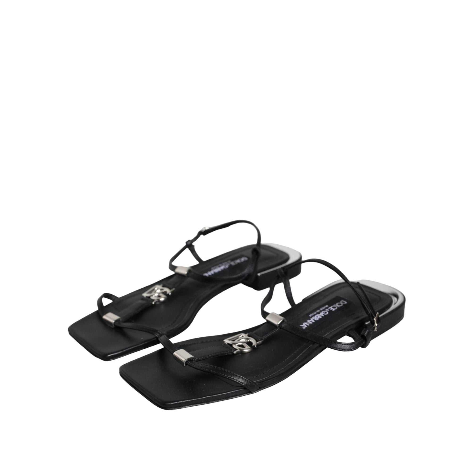 Dolce & Gabbana Black Leather Logo Ankle Strap Keira Sandals Shoes