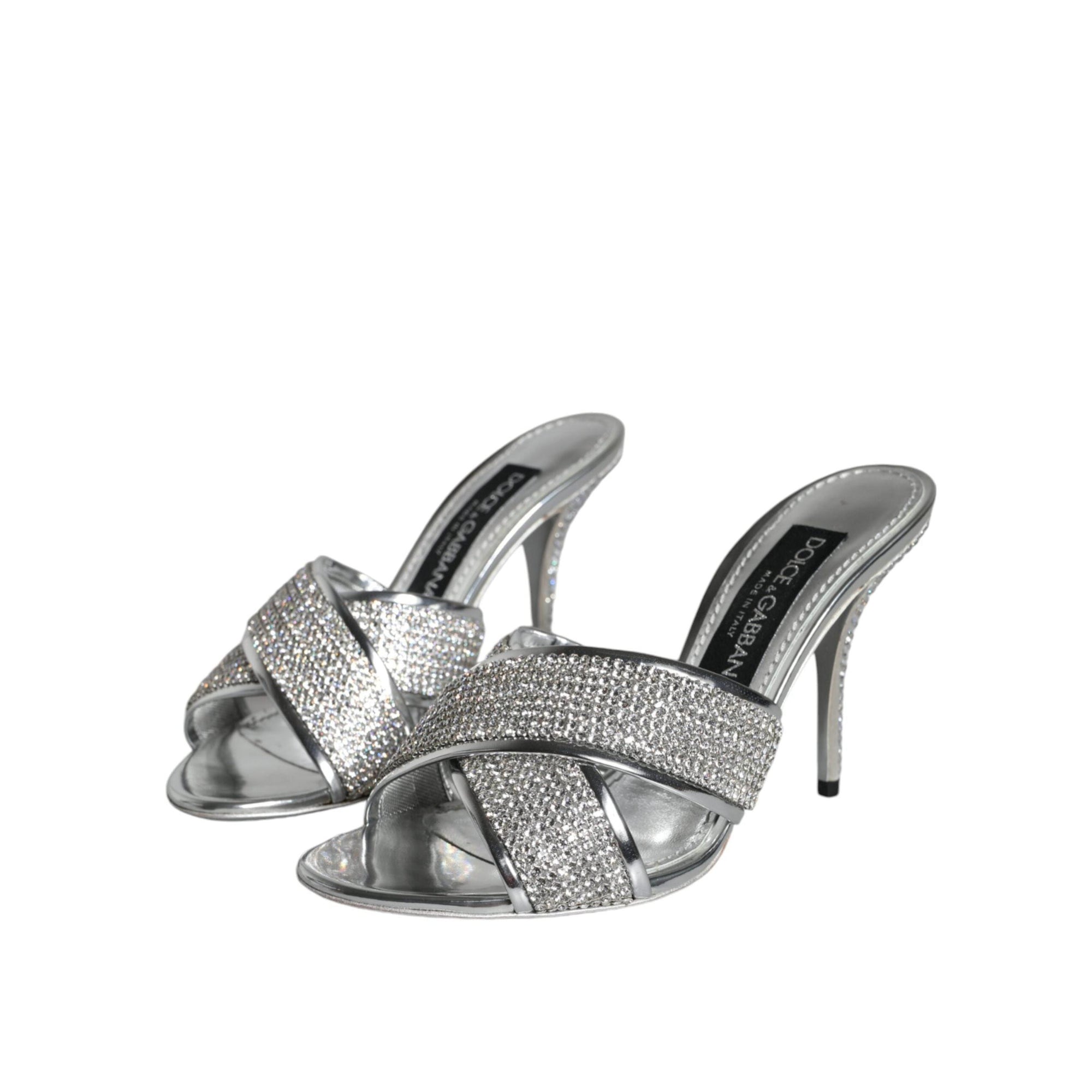 Dolce & Gabbana Silver Crystals Keira Heels Slides Shoes