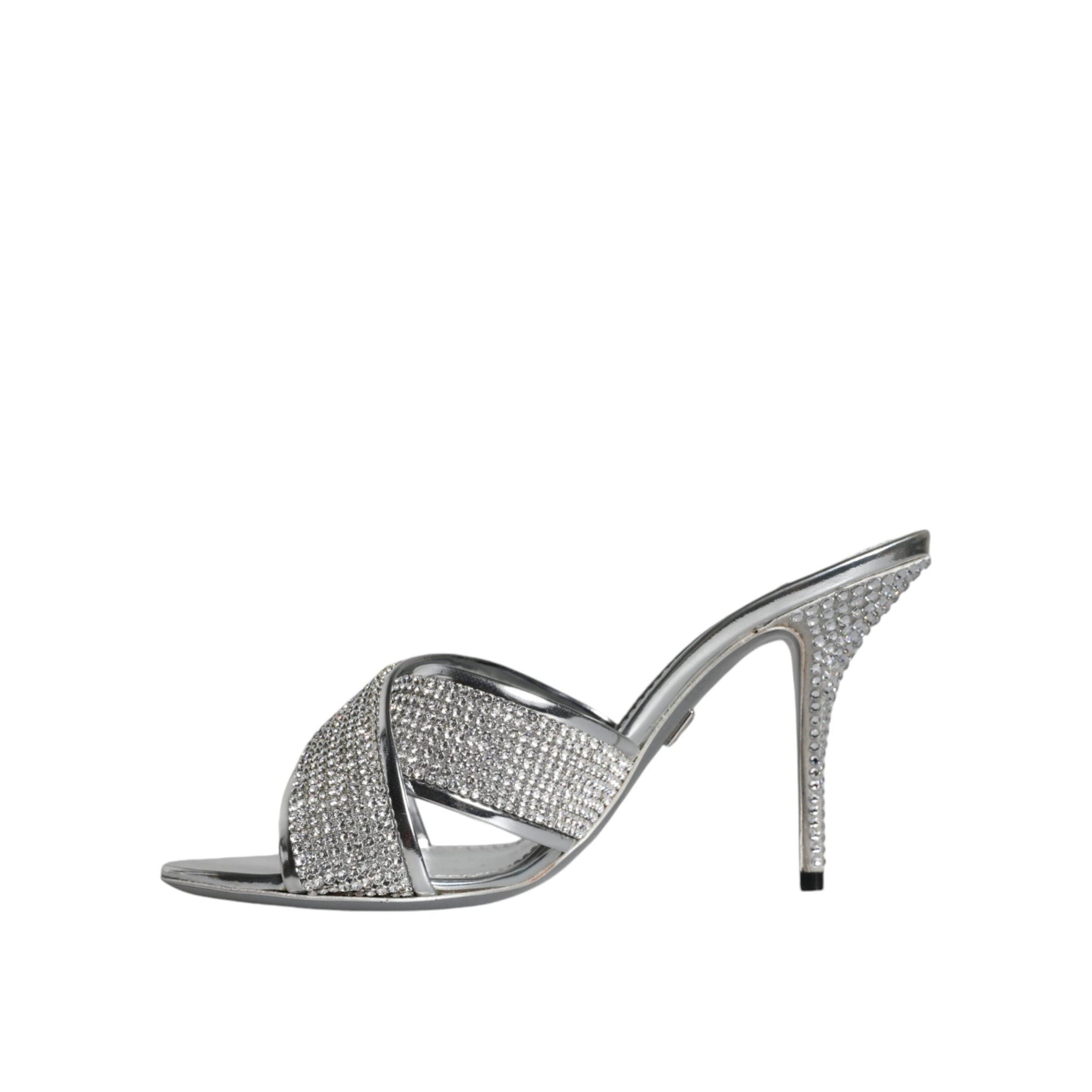 Dolce & Gabbana Silver Crystals Keira Heels Slides Shoes