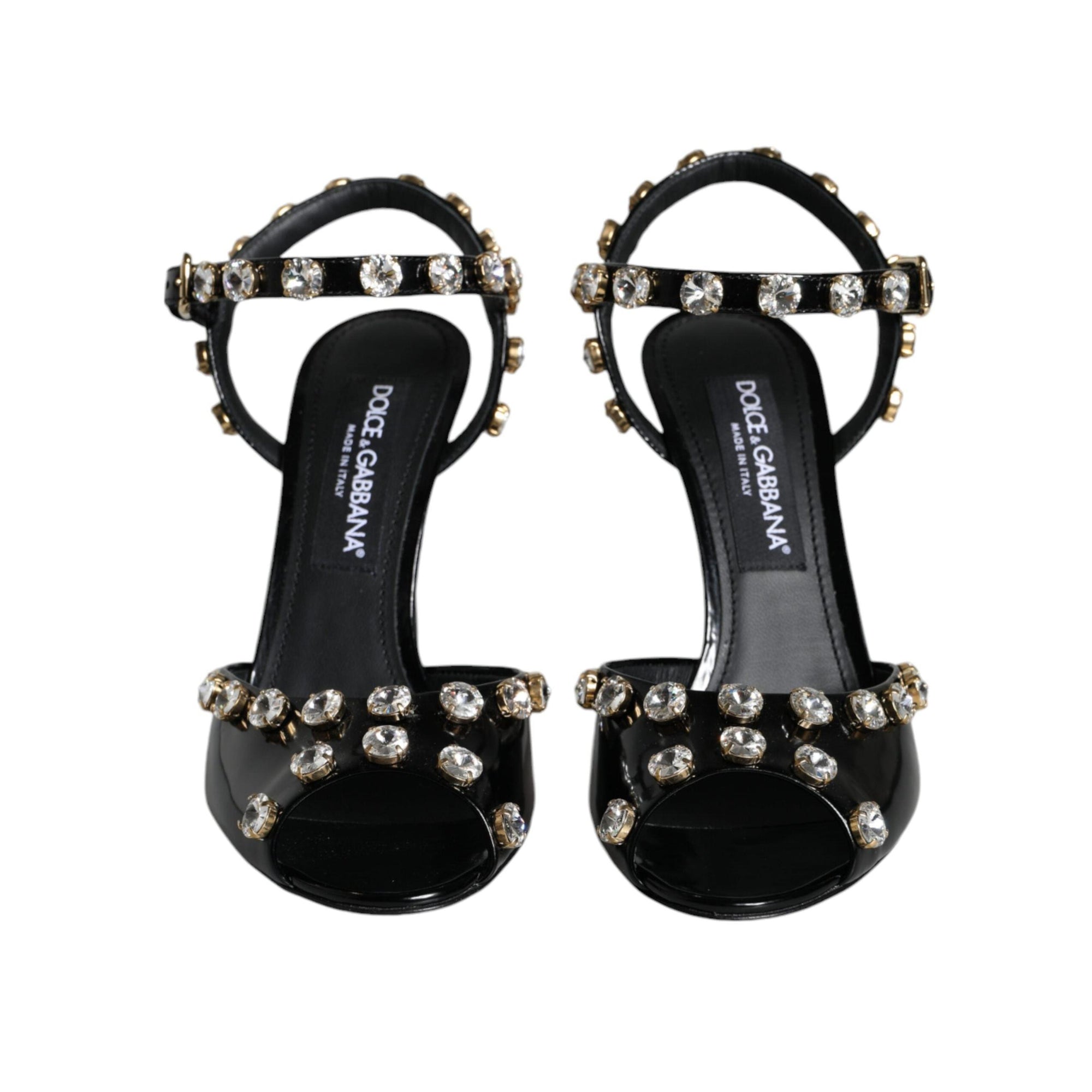 Dolce & Gabbana Black Leather Crystal Ankle Strap Sandals Shoes