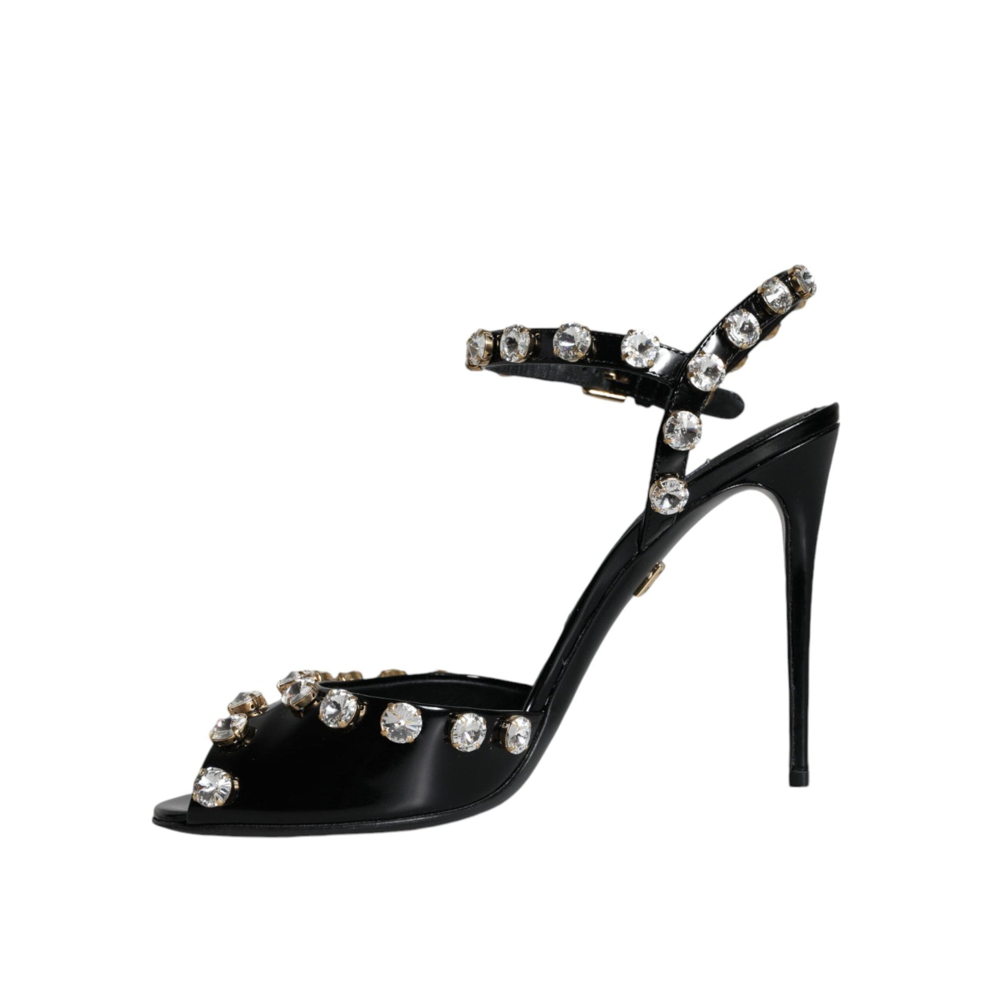 Dolce & Gabbana Black Leather Crystal Ankle Strap Sandals Shoes