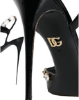 Dolce & Gabbana Black Leather Crystal Ankle Strap Sandals Shoes