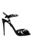 Dolce & Gabbana Black Leather Crystal Ankle Strap Sandals Shoes