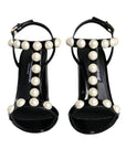 Dolce & Gabbana Black Leather Pearls T-strap Sandals Shoes