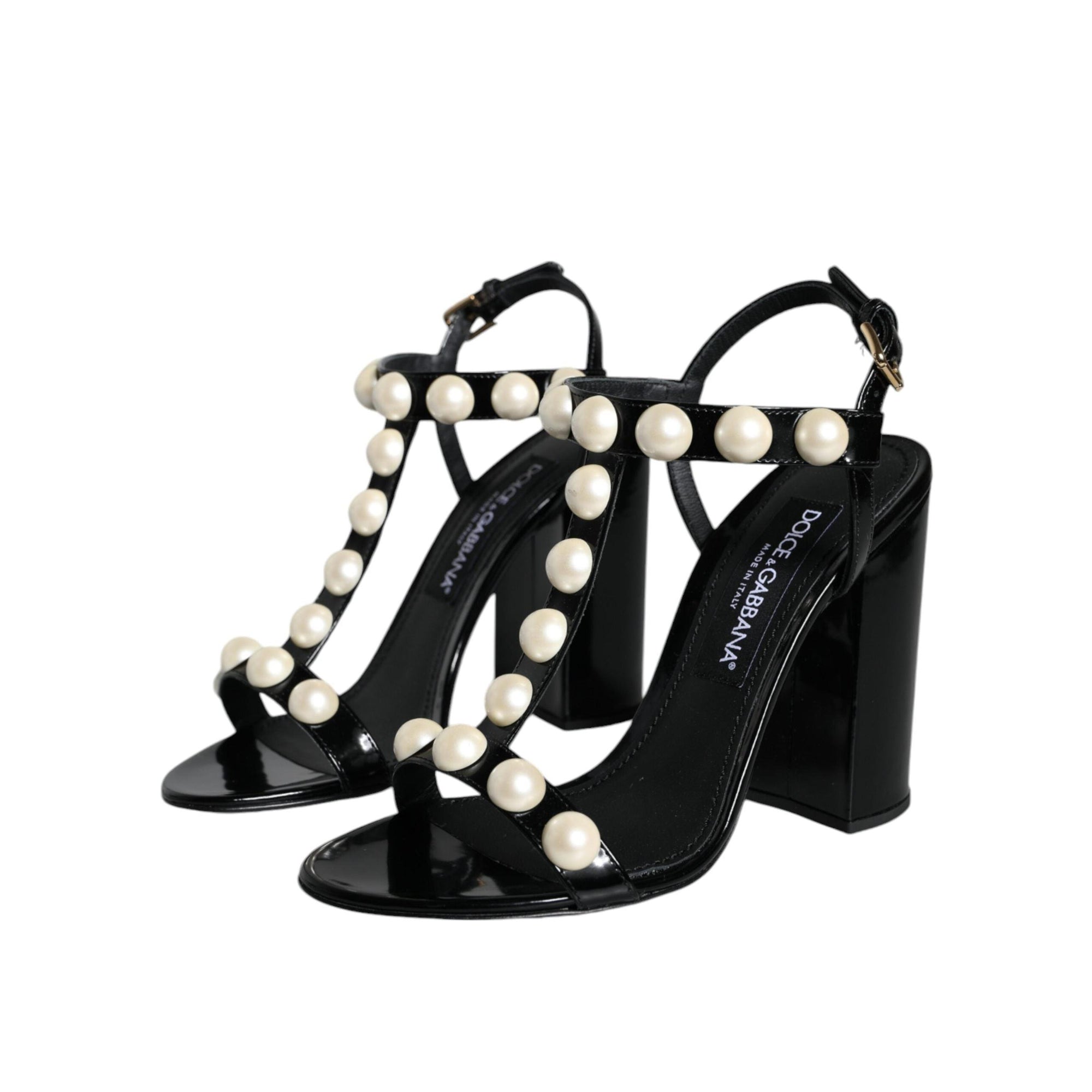 Dolce & Gabbana Black Leather Pearls T-strap Sandals Shoes