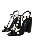 Dolce & Gabbana Black Leather Pearls T-strap Sandals Shoes