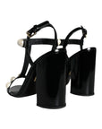 Dolce & Gabbana Black Leather Pearls T-strap Sandals Shoes