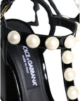 Dolce & Gabbana Black Leather Pearls T-strap Sandals Shoes