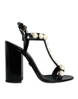 Dolce & Gabbana Black Leather Pearls T-strap Sandals Shoes