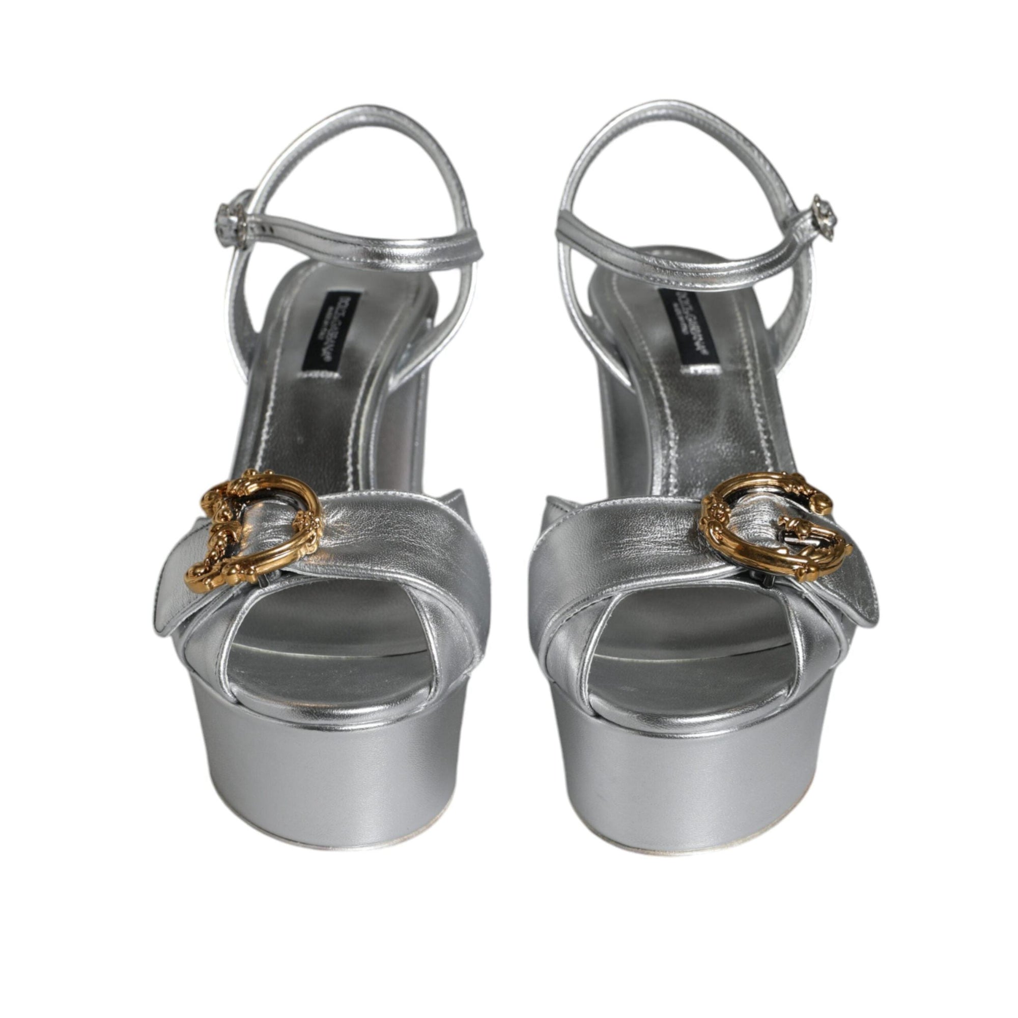 Dolce & Gabbana Silver Leather Platform Logo Keira Sandals Shoes