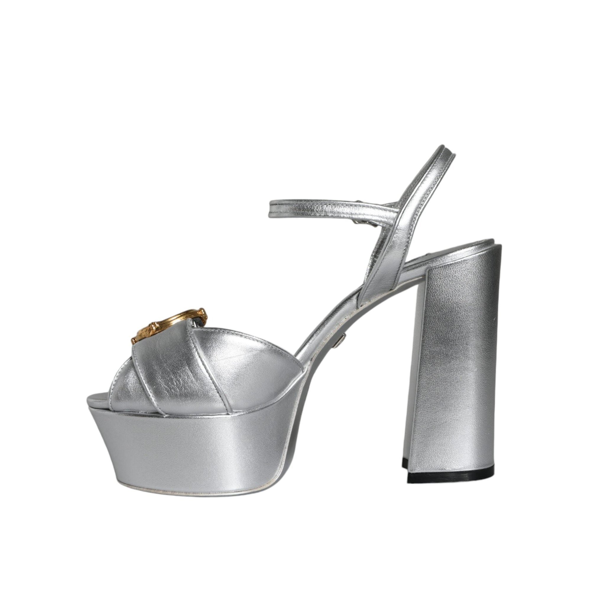 Dolce & Gabbana Silver Leather Platform Logo Keira Sandals Shoes