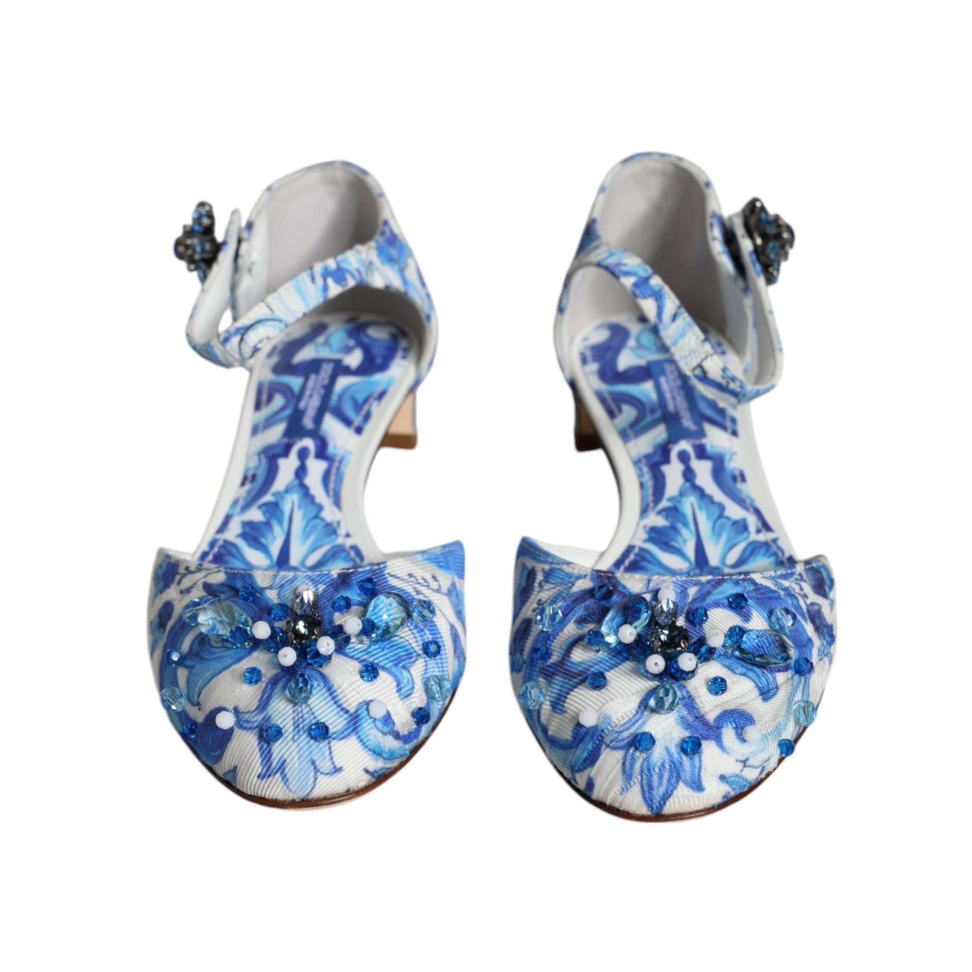 Dolce & Gabbana White Blue Majolica Print Ankle Strap Sandals Shoes