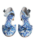 Dolce & Gabbana White Blue Majolica Print Ankle Strap Sandals Shoes