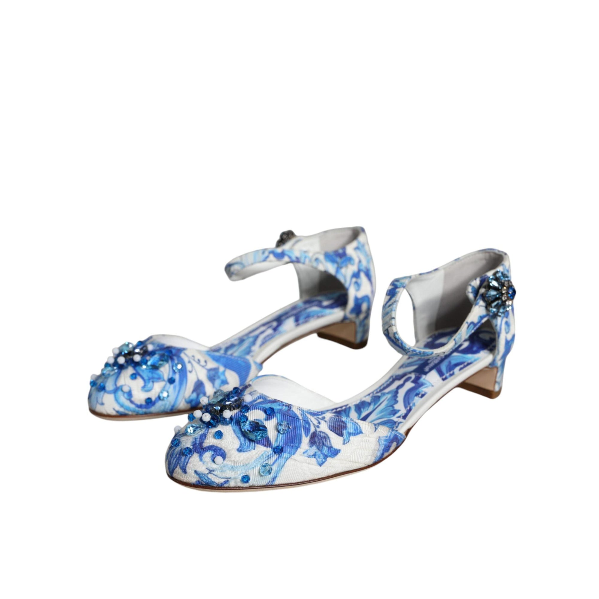 Dolce & Gabbana White Blue Majolica Print Ankle Strap Sandals Shoes